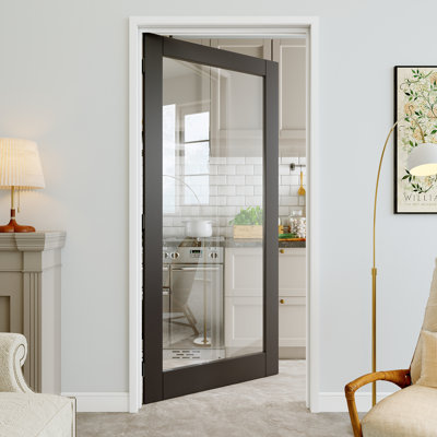 Porte pré-suspendue intérieure en verre transparent 32 po x 80 po 1-Lite avec charnières noires, dalle de porte en verre transparent, insonorisant et imperméable, combinaison pour la lessive, portes de placard, portes de chambre, main gauche
