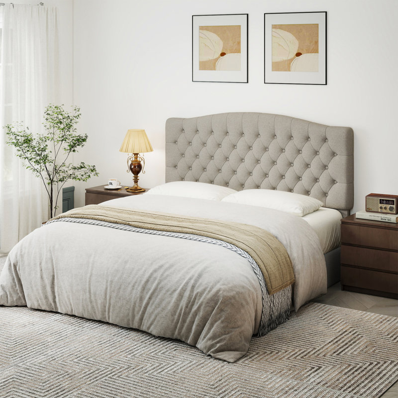 Queen Upholstered Headboard Only, Button Tufted Linen Headboard, Wall Mountable, Easy Assembly- Linen, Beige Linen