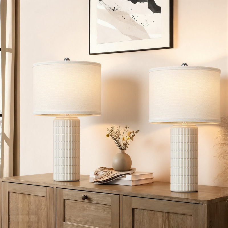 23" Modern Decorative Ceramic Table Lamp with Textured Finish and Linen Shade for Bedroom, Living Room or Nightstand, White