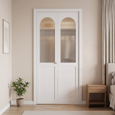  Porte pliante en verre trempé demi-Lite, style arqué avec noyau solide et finition blanche à base d'eau pour placard, garde-manger et buanderie, quincaillerie incluse