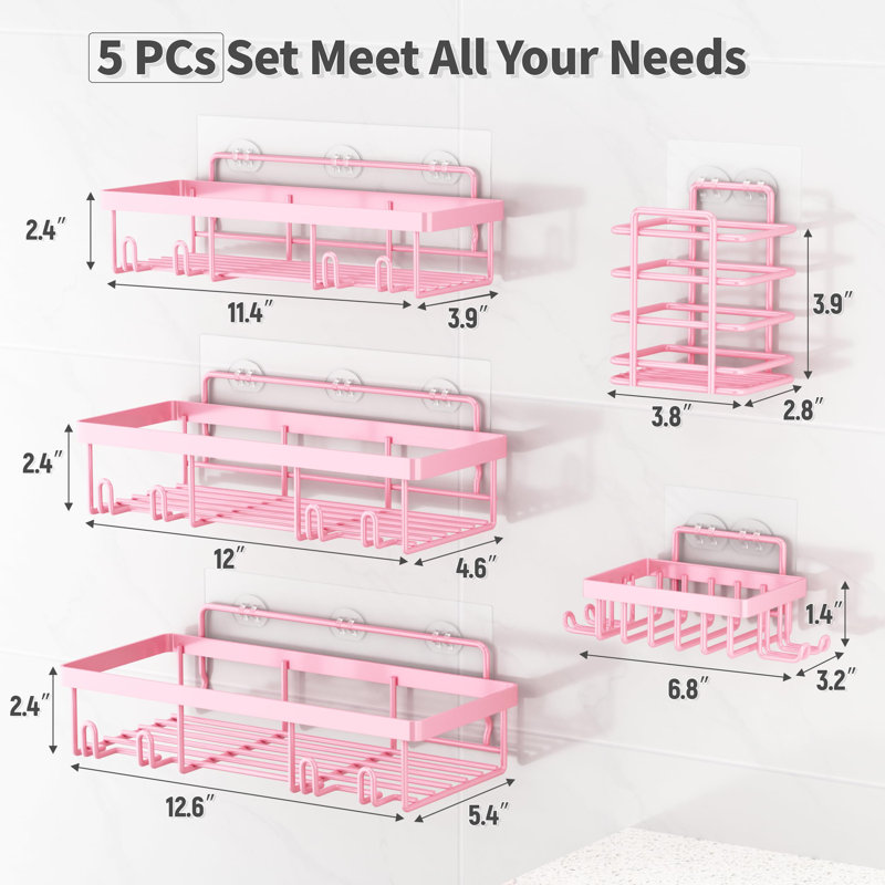 Paquet de 5 tablettes de rangement pour panier de douche pour douche intérieure, panier de rangement mural pour salle de bain, support de shampooing en acier inoxydable antirouille, ensemble d'accessoires de salle de bain Girly, rose