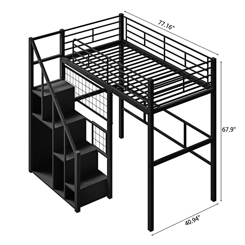 Lit mezzanine en métal avec escalier de rangement et petite armoire, Noir