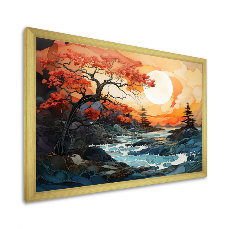 Tempêtes, lever de soleil, paysage sur toile, Cadre doré simple, H 24 po x l 32 po x P 1 po