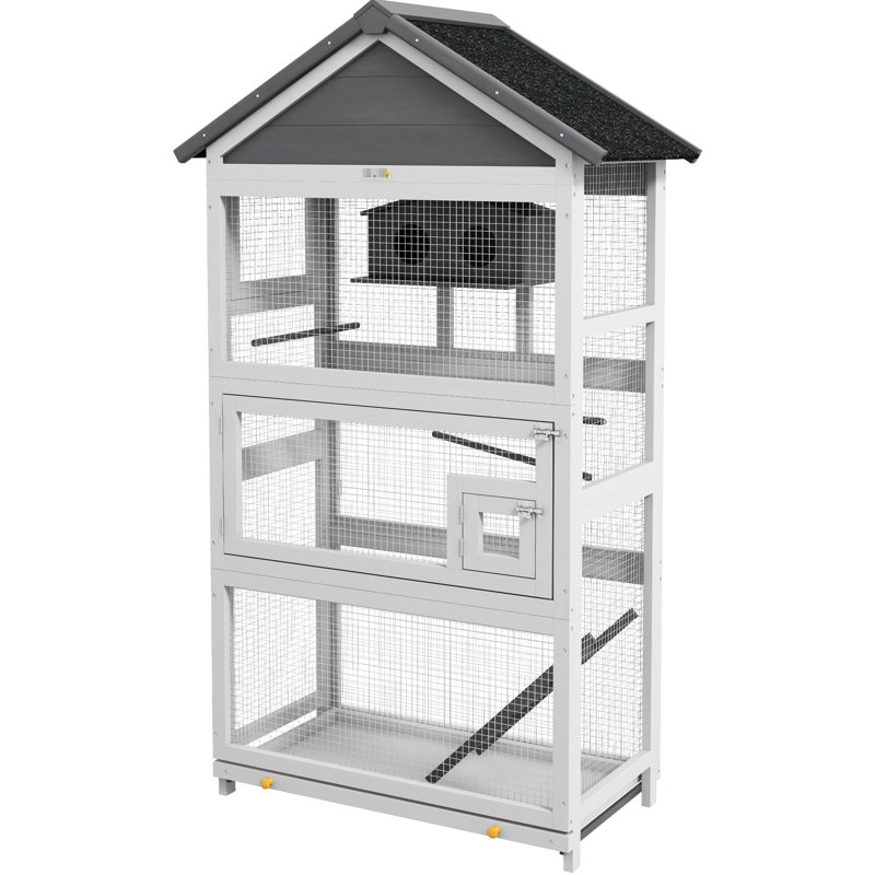 Volière extérieure en bois 67 po, plateau coulissant, trois portes pour petits gardiens, volière à cage grise avec plateau et animaux de compagnie