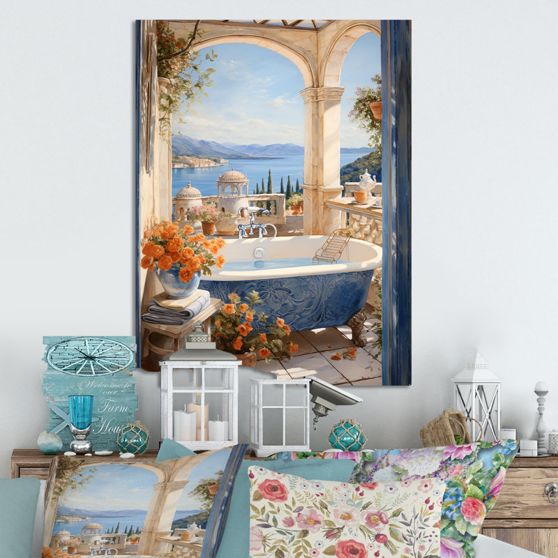 «Blue Italian Bath Serenity IV», art mural en métal pour salle de bain, H 32 po x l 16 po x P 1 po