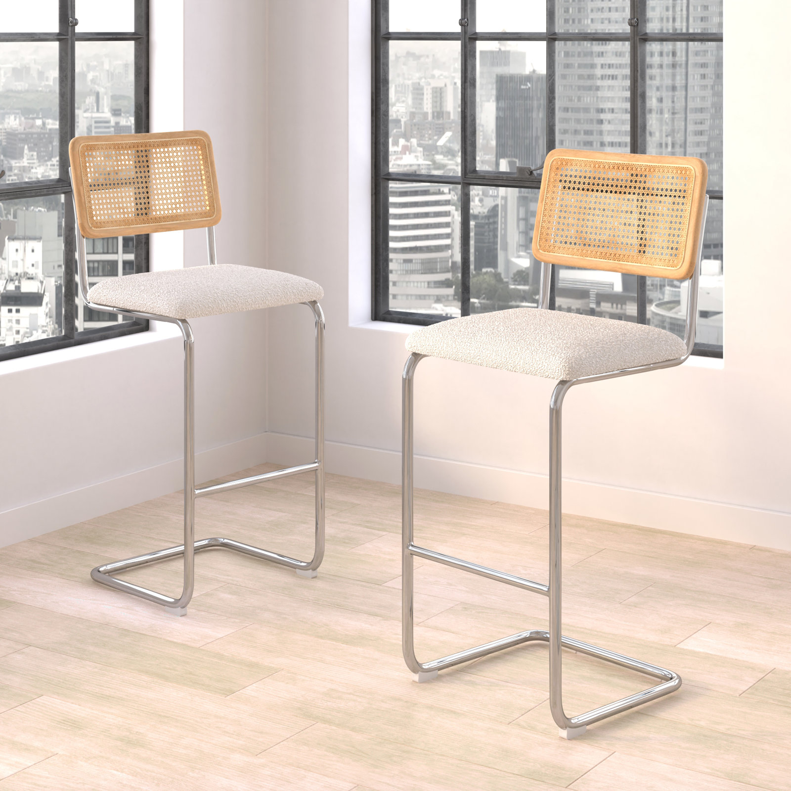 Walsh Boucle Bar & Counter Stool, Bar Stool (30” Seat Height), White Boucle/ Chrome Frame