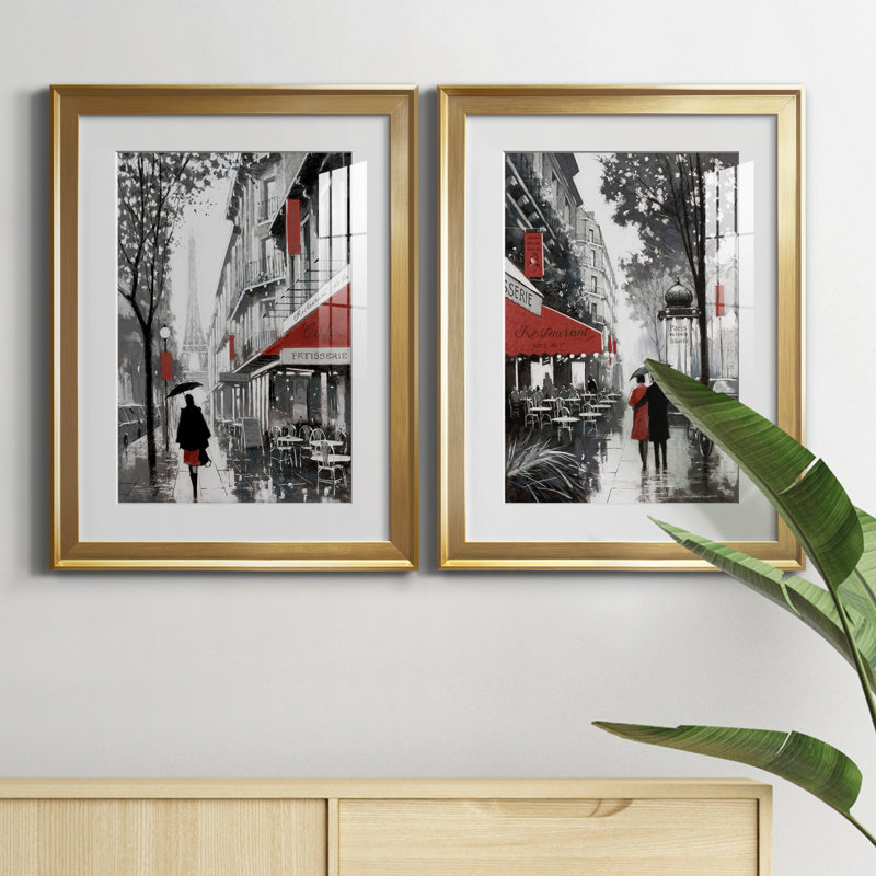 «Rainy Paris I», ensemble de 2 reproductions d'art, Blanc, H 22,5 po x l 61 po x P 1,5 po, Papier encadré doré