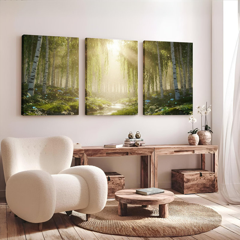 Ensemble de 3 tableaux sur toile tendue « Lumière du soleil à travers une forêt de bouleaux »., 1218