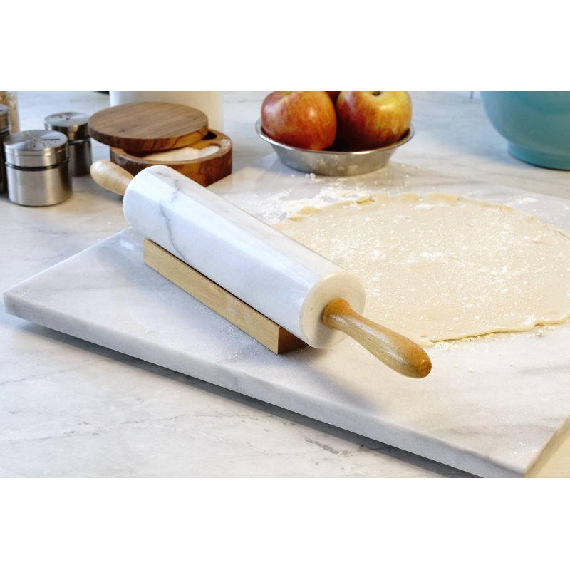 White Marble Rolling Pin with Wooden Handles and Stand