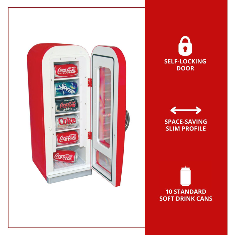 Coca-Cola Vending Machine Mini Fridge 12V DC 110V AC 10 Can Cooler, Red