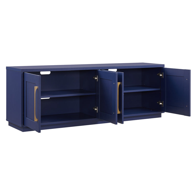 Tillman TV Stand for TVs up to 75" in Dark Blue with Storage, Adjustable Shelves & Cable Management — Transitional Media Console with Brass Hardware for Living Room