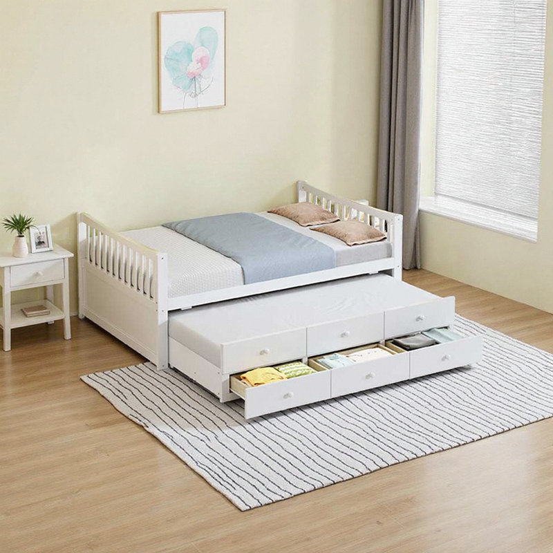 Lit de jour double polyvalent avec lit gigogne et 3 tiroirs de rangement, Blanc