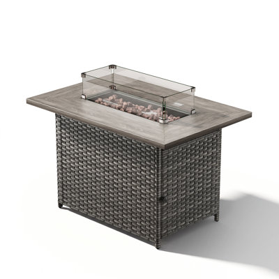 50,000 BTU Outdoor Propane Gas Fire Pit Table with Glass Wind Guard and Wood-Look Top, 2-in-1 Rectangular Wicker Fireplace Table with Lava Rocks for Patio, Deck, Backyard