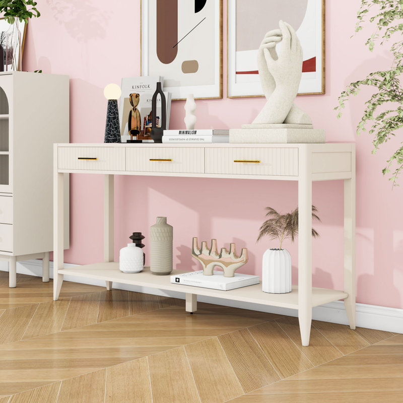 Console moderne avec tiroirs de rangement, conception ondulée et tablette ouverte pour le vestibule ou le salon, Beige