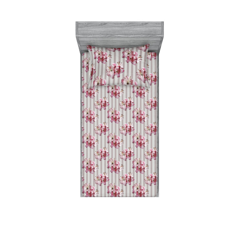 Ambesonne Fitted Sheet & Shams, Twin Sheet Set with 1 Pillowcase, Pink/Mauve/Eggshell Flower