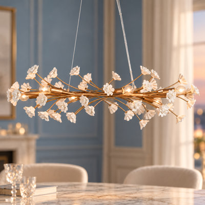 Lustre moderne à six lumières à intensité variable Corbel, orné de fleurs en céramique, style linéaire