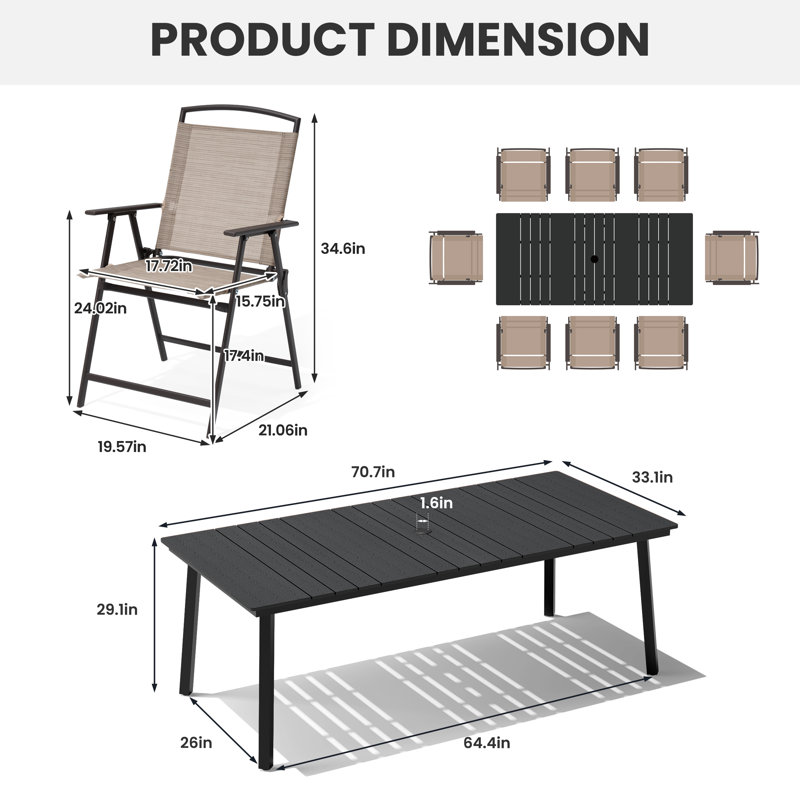  8 - Person Metal Patio Diining Set With Foldable Chairs And Umbrella Hole, Black, Beige
