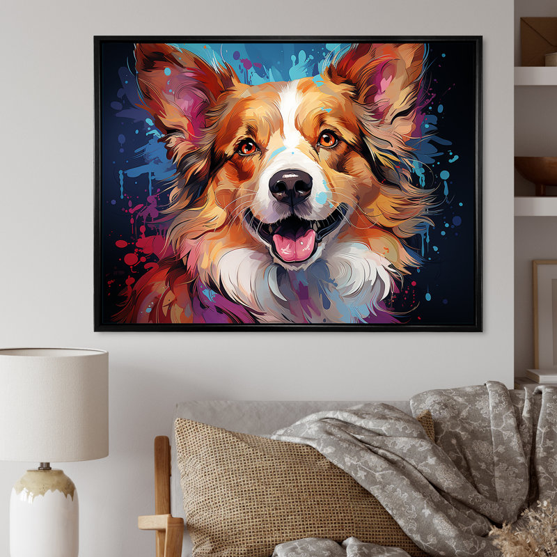 Corgi Charm I sur toile, Cadre flottant noir, H 20 po x l 12 po x P 1 po