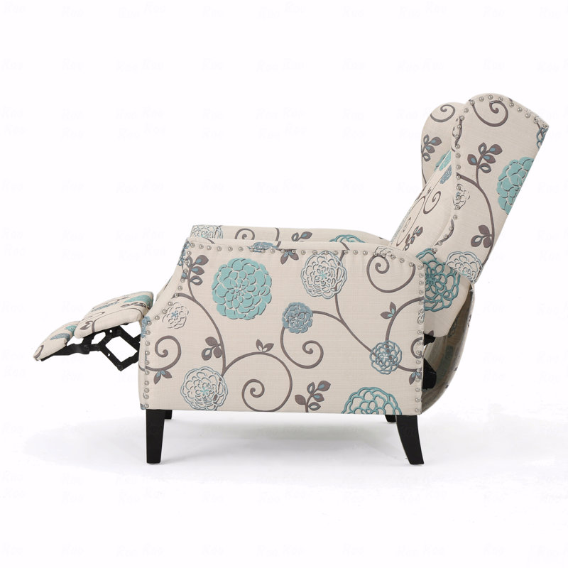Fauteuil inclinable avec accoudoirs en tissu avec garniture cloutée et dossier en bois