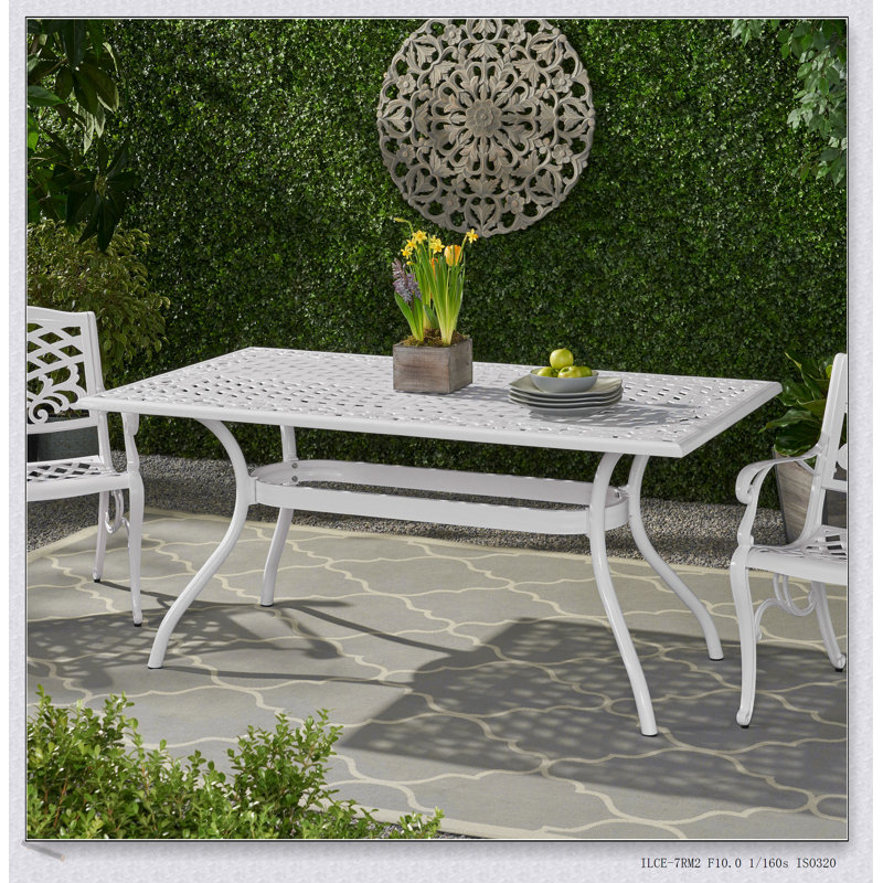 Table de salle à manger d'extérieur Phoenix avec treillis complexe et fabrication en fonte d'aluminium durable, Blanc