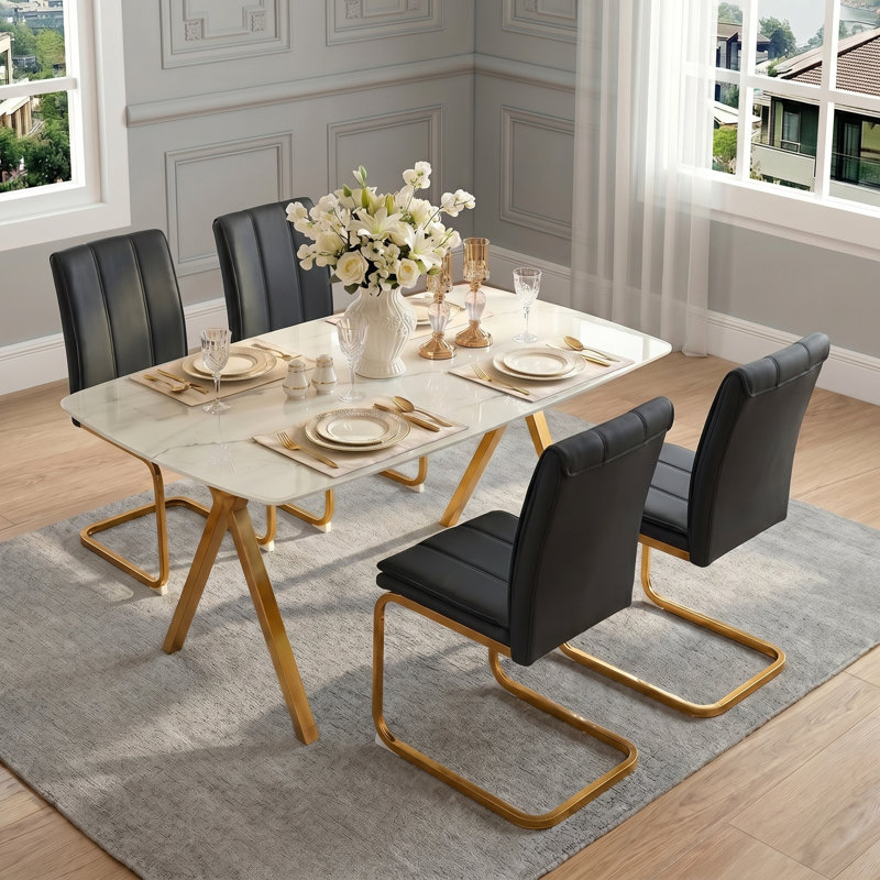 Rectangular Dining Table Set, Modern Kitchen Table With Dining Chairs, Black/Gold, Gold