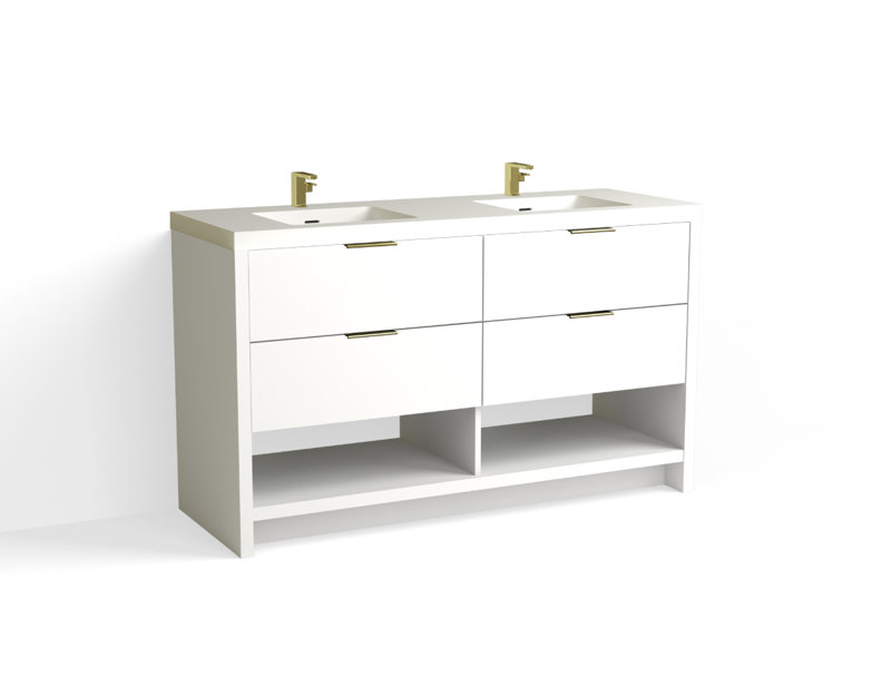 Vue 60" W Freestanding Double Bathroom Vanity, Matte White/8" Widespread, White Nanomatte, Satin Brass