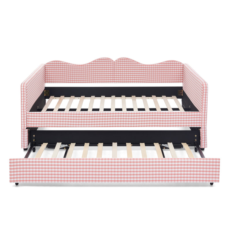 Lit de jour double, lit de jour rembourré en vichy équipé d'un cadre de lit gigogne escamotable et d'une poche de rangement latérale, canapé-lit multifonctionnel en bois massif pour chambre d'enfant et chambre d'amis - Rose