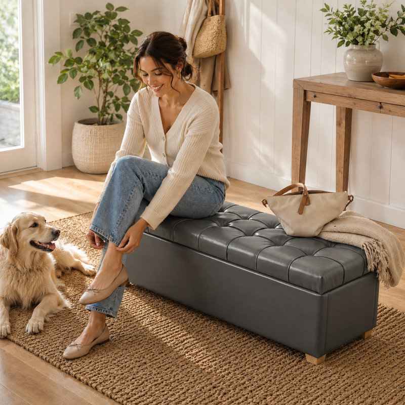Banc de rangement en similicuir 60 po, Gris