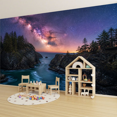 Peel and Stick Wallpaper 69" L x 96" W Modern Self Adhesive Wall Mural for Bedroom - With Milky Way Galaxy Rocky Coastal Landscape Pine Trees Ocean View Print