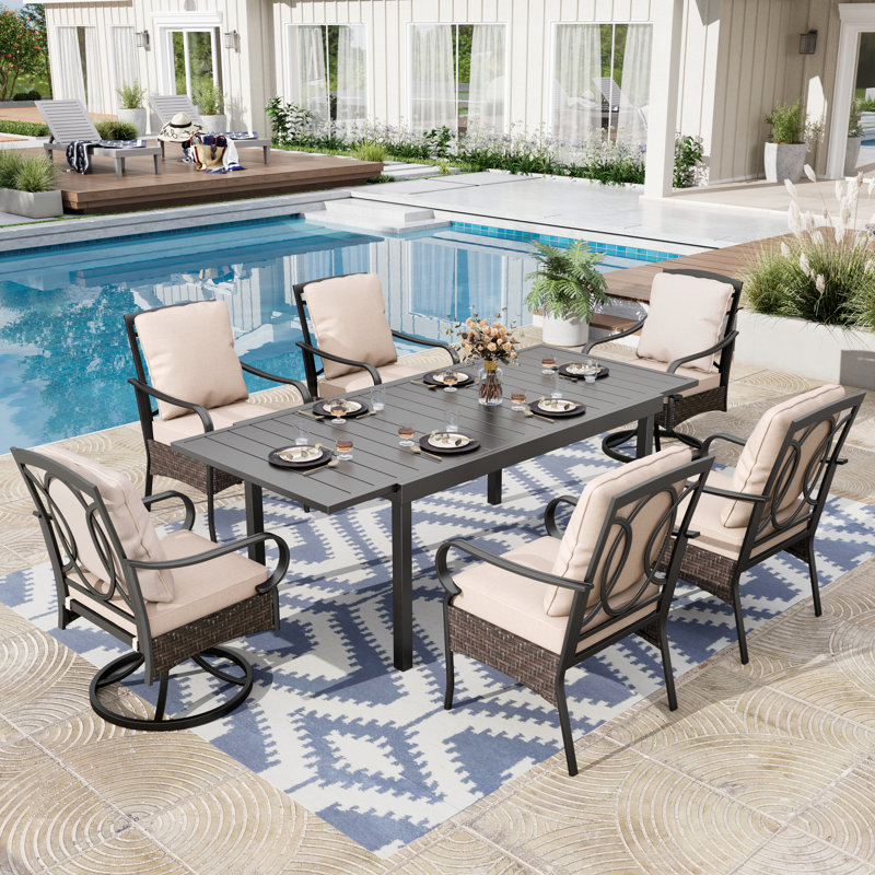 Sutiya 6 - Person Rectangular Extendable Outdoor Dining Set with 2 Swivel Chairs & Cushions