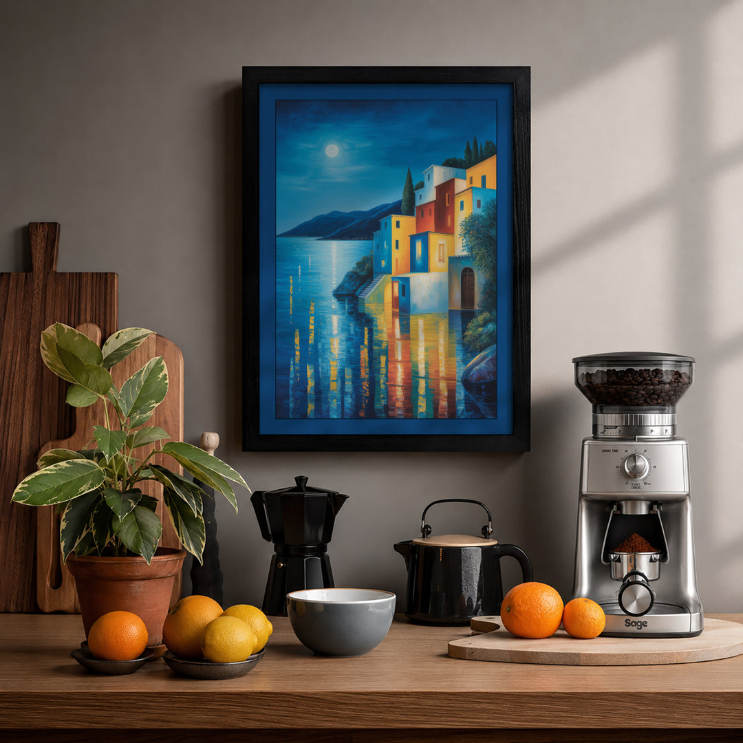 Moonlit Mediterranean Harbor Coastal - Framed Print
