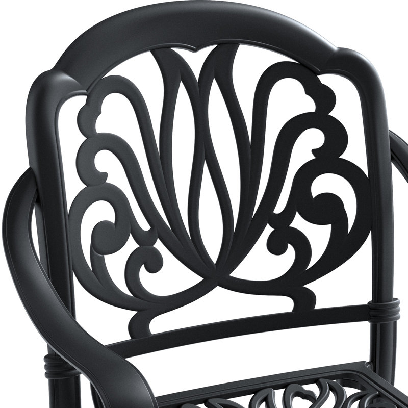 Chaise de patio en aluminium coulé 6 pièces, structure noire, coussins bruns, moulage traditionnel pour un look élégant, résistant aux intempéries et au revêtement, large, empilable avec 6 pièces, motifs, haute qualité