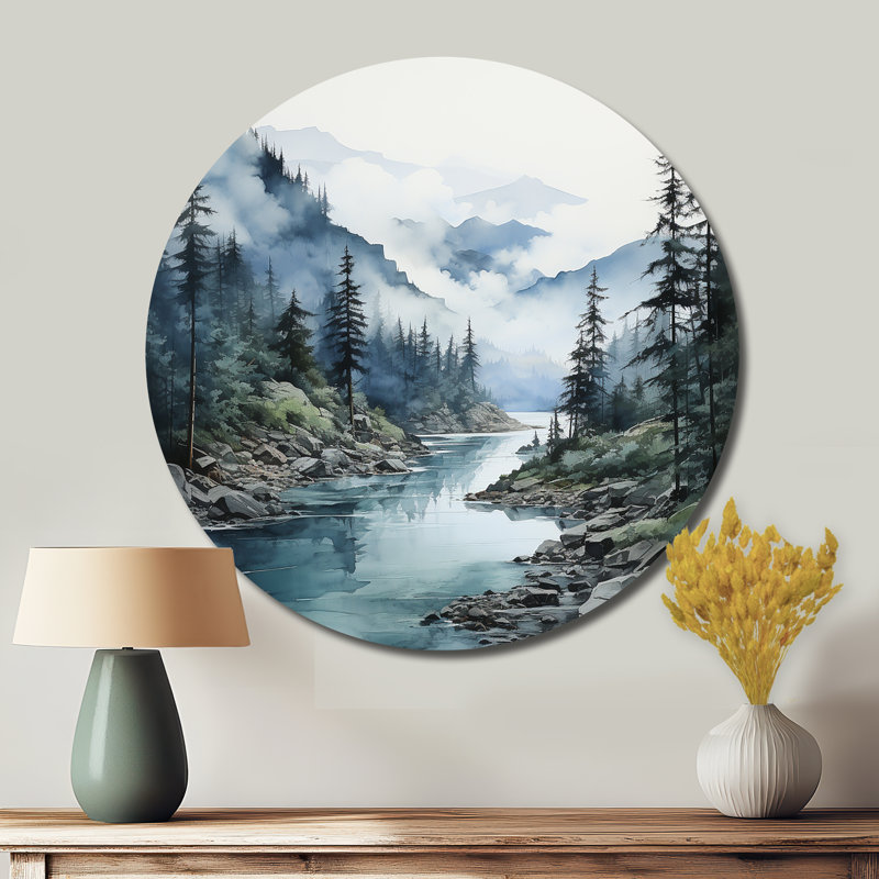 Gris gris bleu minimalisme forêt reflets II - abstrait rond en métal, H 16 po x l 16 po