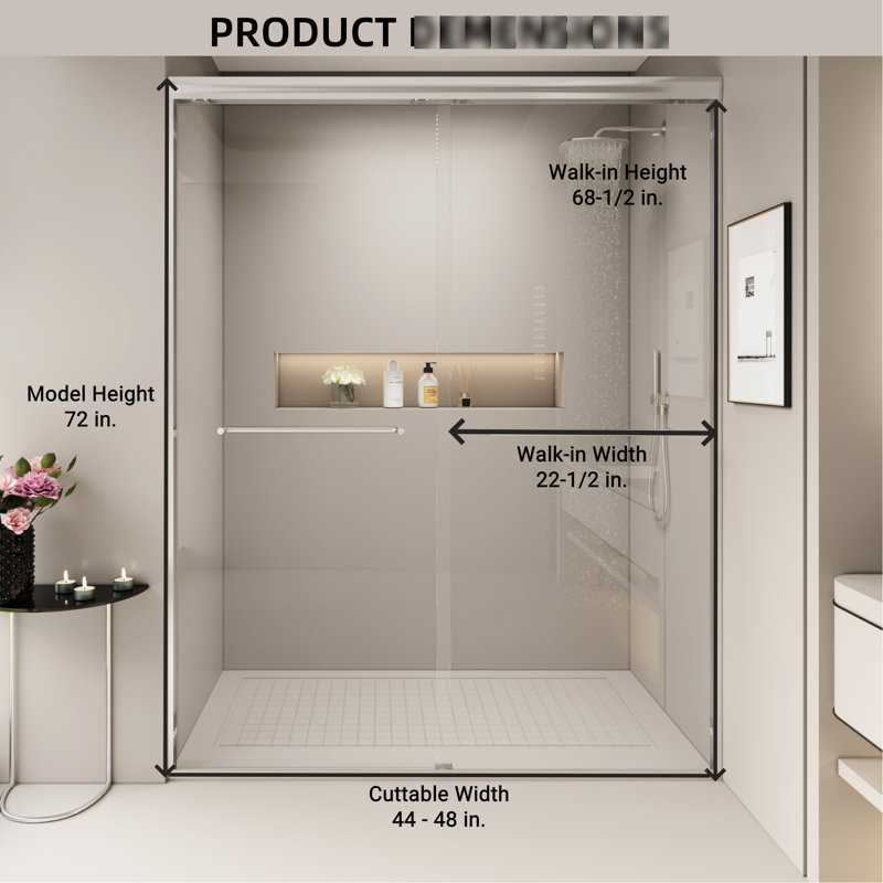 44 - 48 In. W X 72 H Shower Door, Double Sliding Semi-, 1/4" Tempered Glass, , Scratch Corners, Adjustable Installation 44" 48" 72", 6Mm Frame With Angles, Walk-In