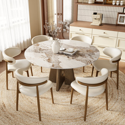 Amberly Round Sintered Stone Dining Table with Solid Wood Pedestal Base | Multi-size Option for Dining Room & Breakfast Nook