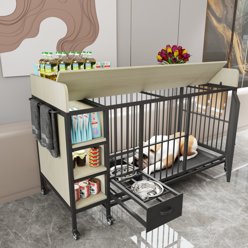 Grande cage pour animaux avec support de rangement, tiroirs, bols en acier inoxydable pour nourriture / eau - cadre en fer et matériau en bois aggloméré, noir / beige