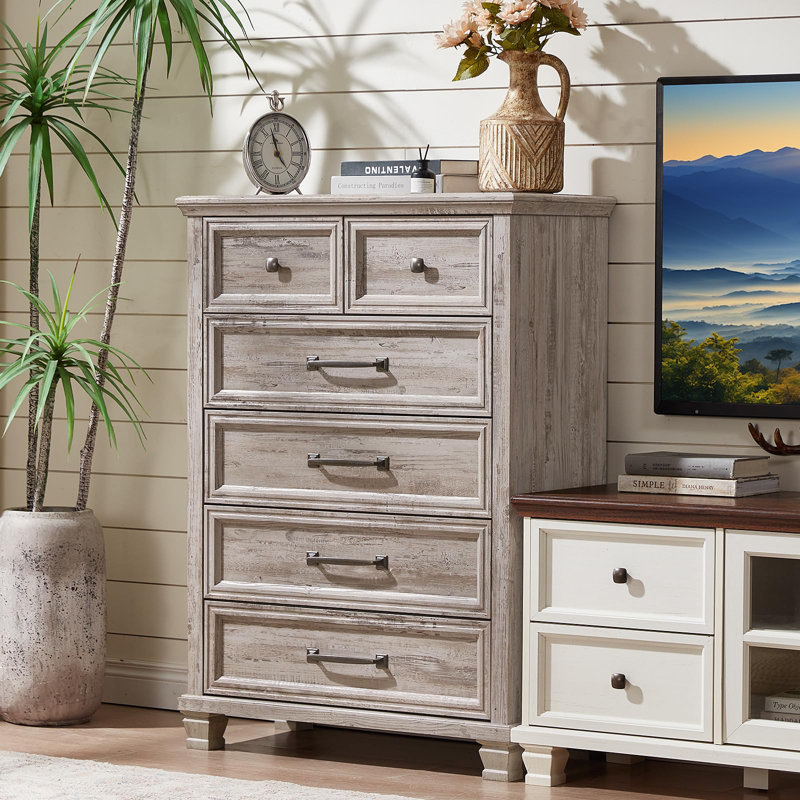 Farmhouse 6 Drawer Dresser for Bedroom, 45 Inch Tall Vintage Wood Chest of Drawers, Mid-Century Dressers w/Square Wooden Legs, Rustic Storage Organizer for Living Room, Hallway (Grey)