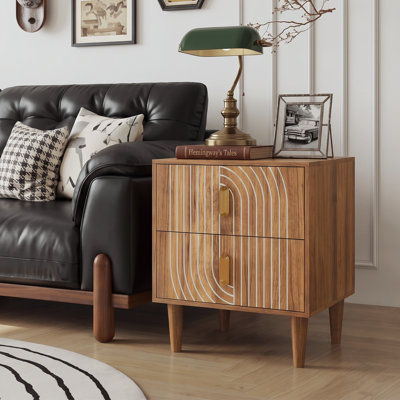 Mid-Century Modern Nightstand with 2 Drawers, Walnut Bedside Table with Solid Wood Legs and Arched Groove Design