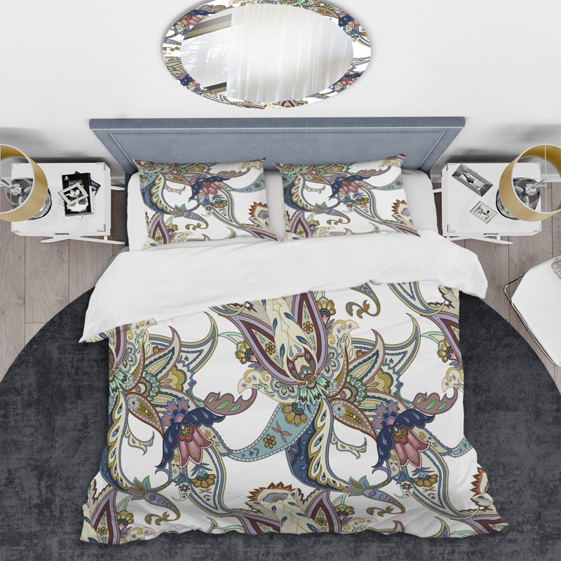 Cachemire blanc floral I - ensemble de housse de couette abstrait - microfibre de polyester