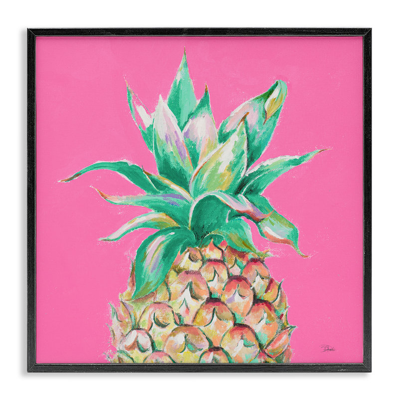 Ananas sur rose, estampe numérique par Patricia Pinto, H 12 po x l 12 po, Giclée encadrée noir minuit