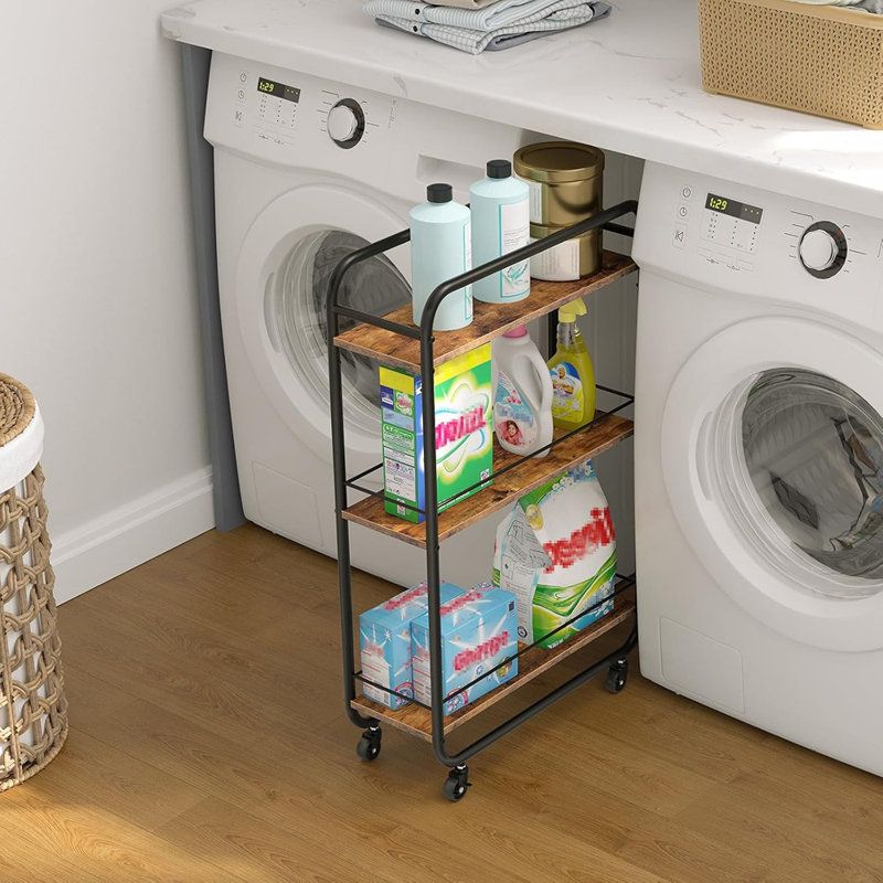 Slim Storage Cart, 3-tier Narrow Cart With Handle, 7.5''w Slide Out Rolling Utility Cart Mobile Shelving Unit Organizer For Small Spaces Kitchen Laundry Narrow Places, Rustic Brown Bf18tc01