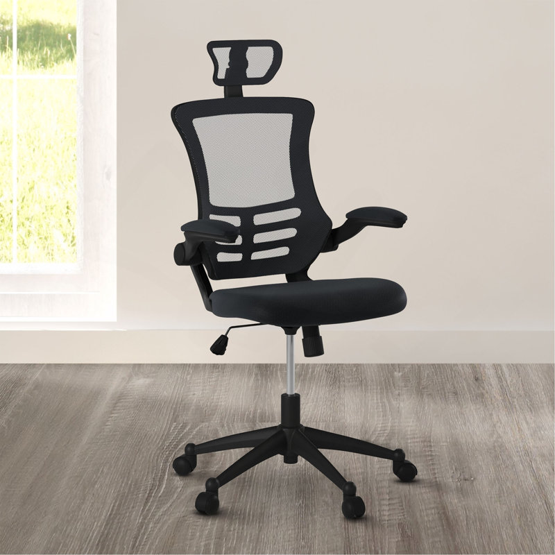 Fauteuil de direction moderne haut dossier en filet avec appui-tête et accoudoirs rabattables Techni Mobile, Noir