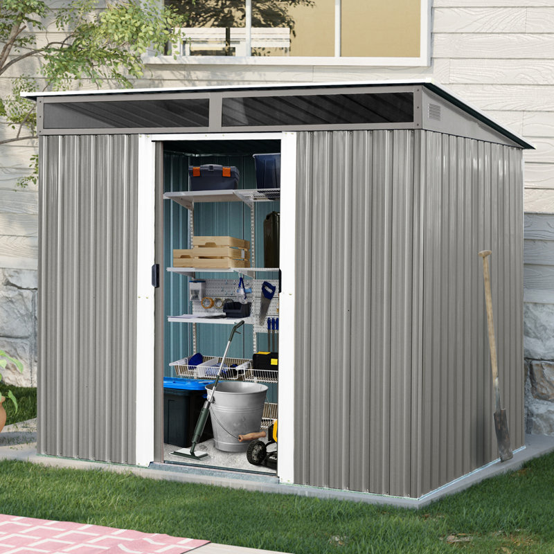 8 X 6 Ft Outdoor Storage With Lockable Doors & Transparent Panel - And Rust- Galvanized Steel 8Ft 6Ft Sliding Keeps Items Dry Protected