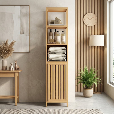 12.99" W Slim Freestanding Linen Tower with Shutter Door and 3 Tier Shelves Natural Bamboo