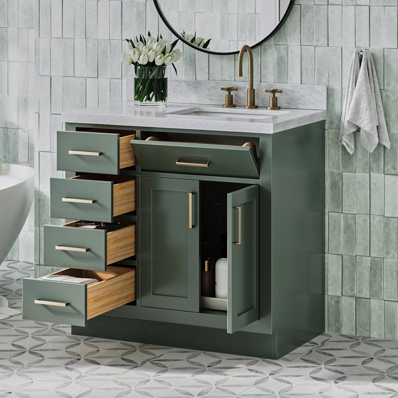 Tidworth 36'' Solid Wood Single Bathroom Vanity with 1.5'' Carrara Marble Top, Right, Rectangular, Vintage Green/Satin Brass