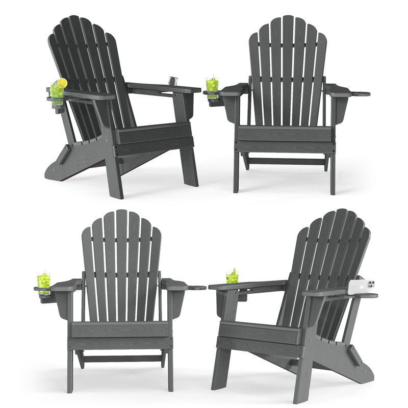 4-person Folding Adirondack Chair Set – Hdpe All-weather Outdoor Patio Seating With Cup Holders, Gray