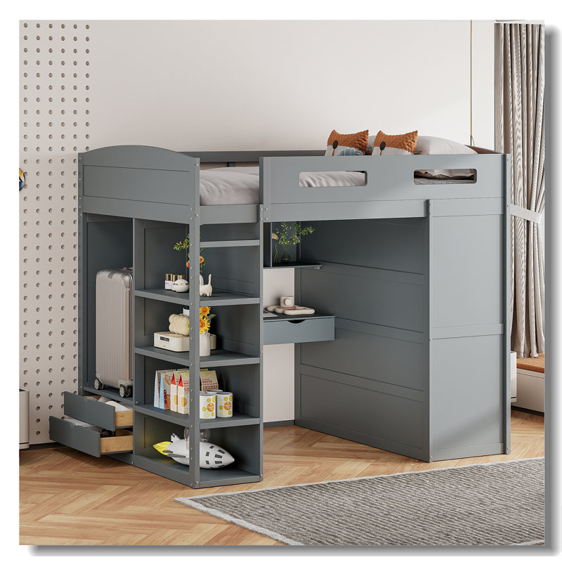 Lit mezzanine pour adolescent avec bureau, garde-robe, 4 tiroirs et 4 tablettes, Gris, Lit double