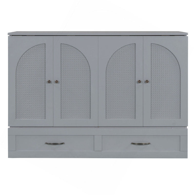 Lit escamotable double avec grands tiroirs, Gris, Lit double