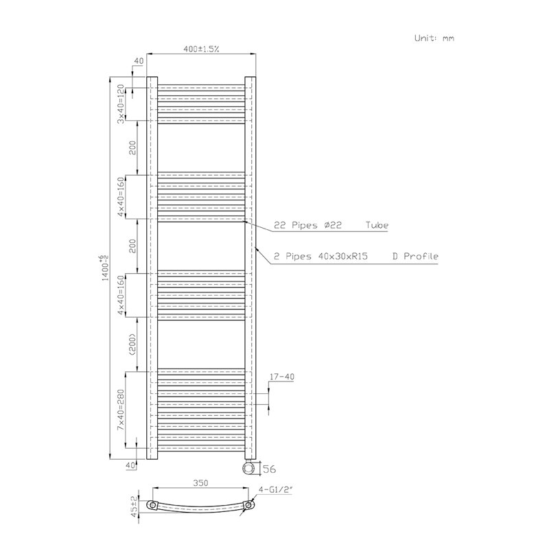 Curved Towel Rail Heated Towel Rails, Anthracite, 140cm H x 40cm W x 4.5cm D