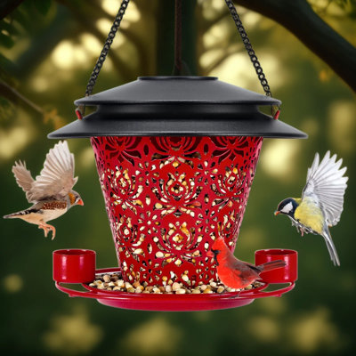 Solar Powered Bird Feeder With LED Light - All Metal Weatherproof Outdoor Hanging Feeder For Wild Birds, Dual Function Garden Decor Lantern